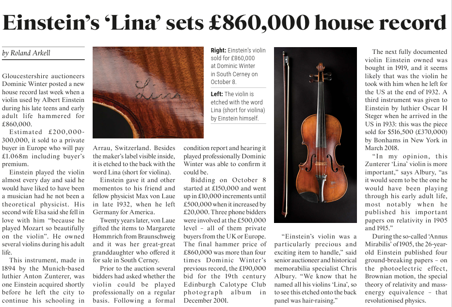 Dominic Winter Auctioneers in the News: Antiques Trade Gazette, Einstein's 'Lina'
